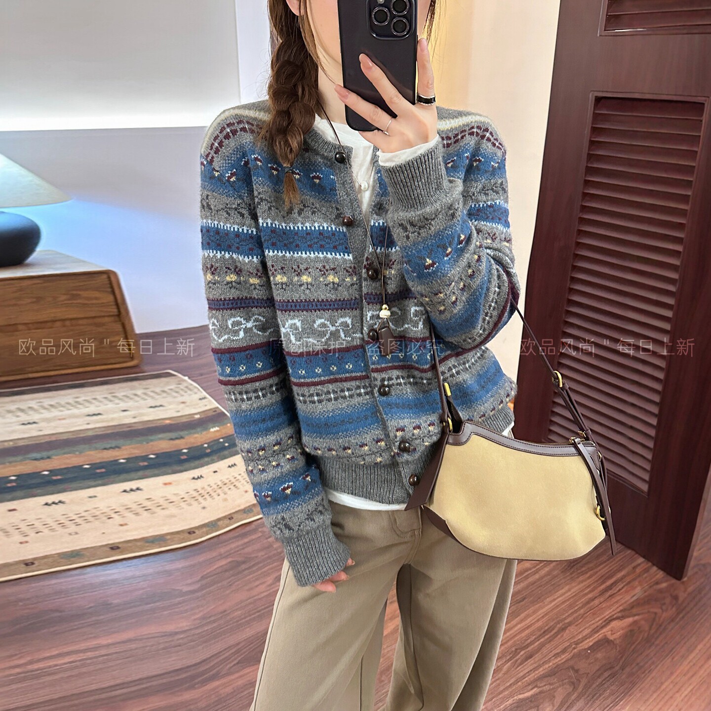 费尔岛提花绵羊毛针织开衫女欧货