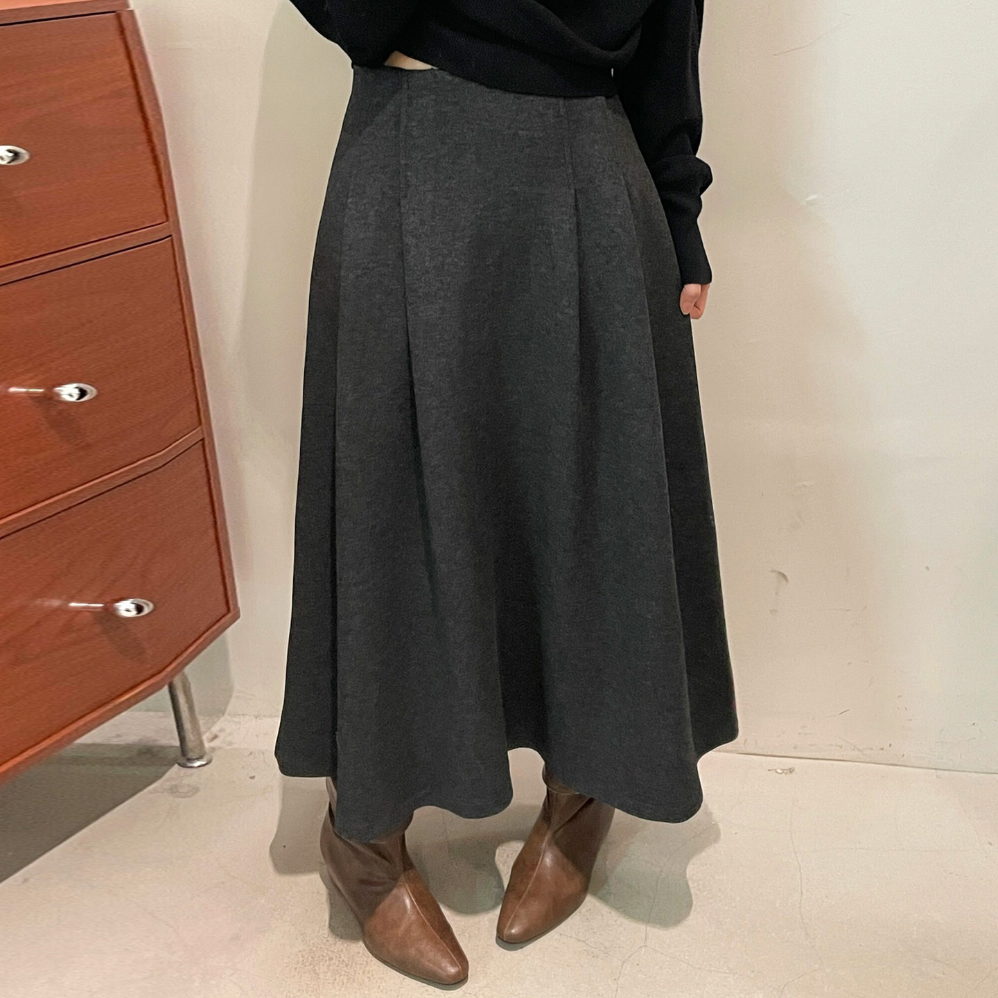 羊毛呢A字百褶半身裙女欧货裙子