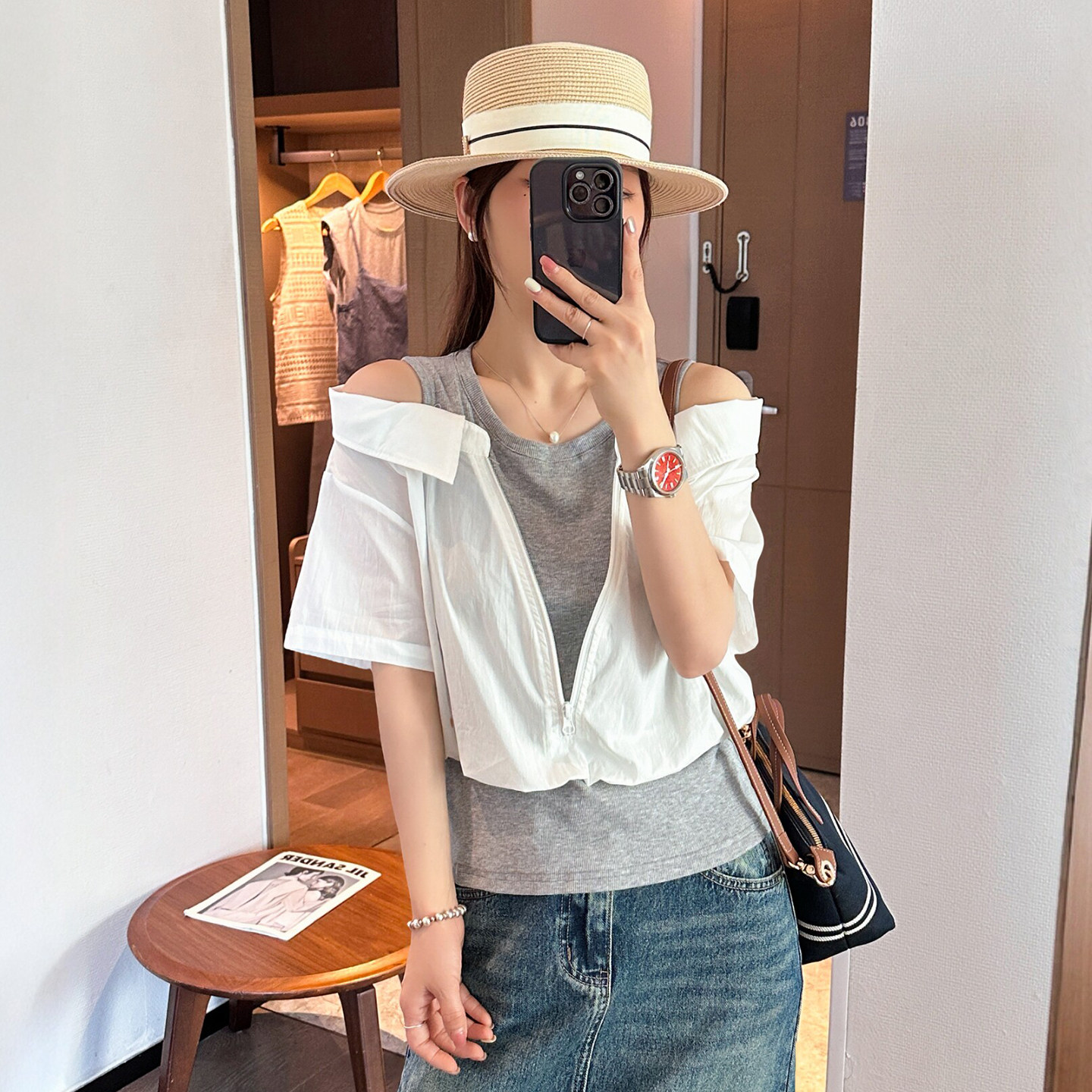 假两件露肩短袖衬衫女欧洲站2026夏季新款欧货女装时尚洋气上衣潮