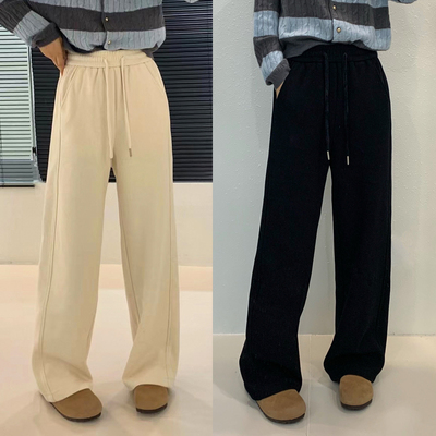 拖地加绒羊毛呢阔腿裤女欧货裤子