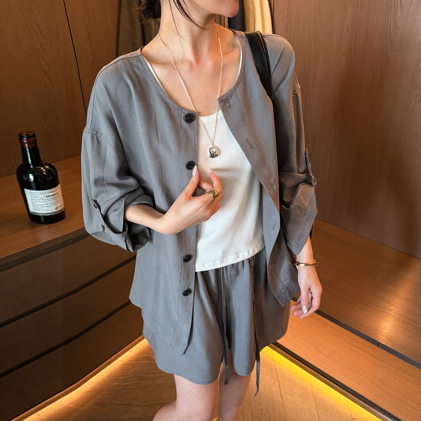卷边袖防晒衬衫背心短裤三件套装女欧洲站2026夏季新款欧货女装潮