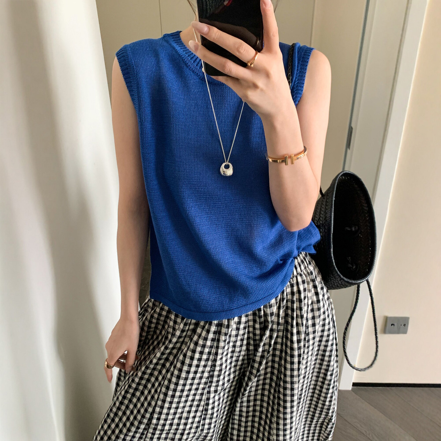 克莱因蓝小飞袖冰丝针织衫女欧货