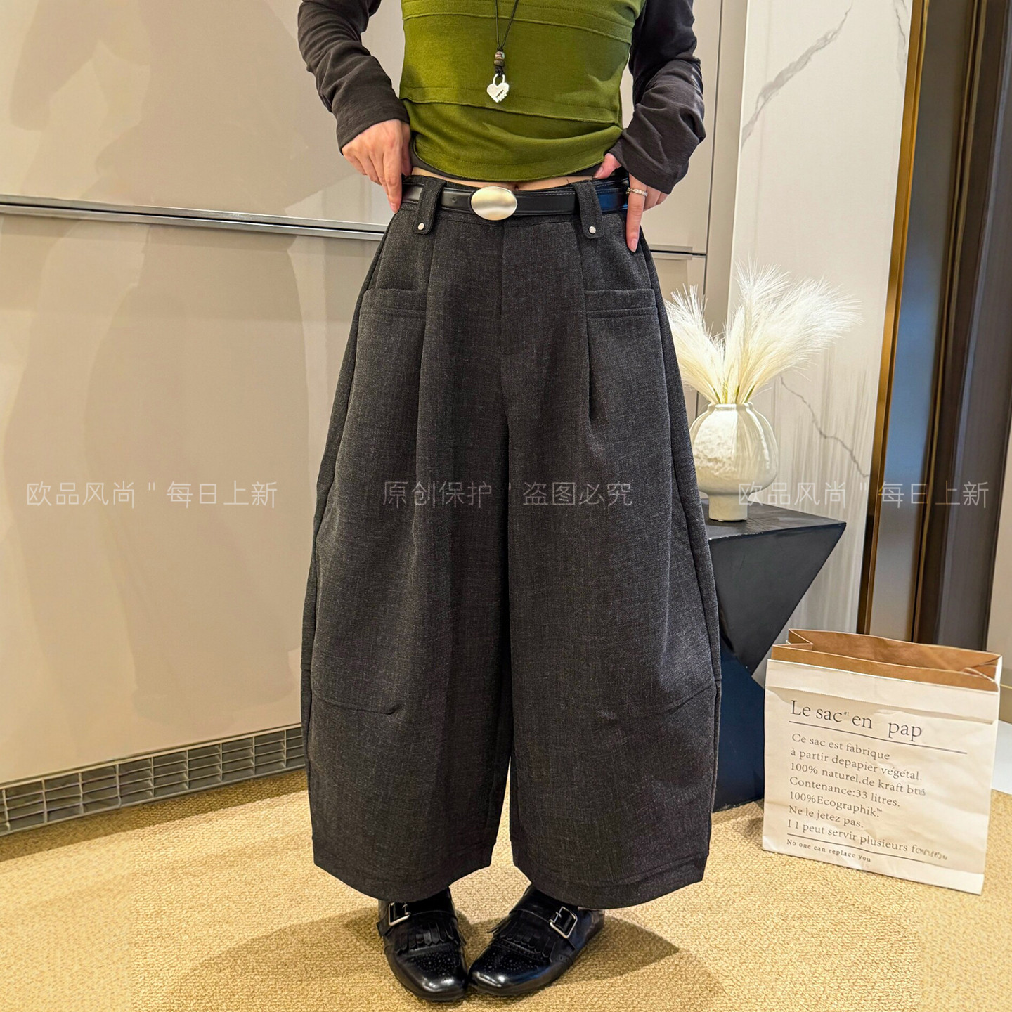 配腰带九分气球西装阔腿裤女欧货