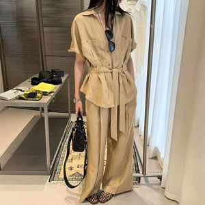 工装翻领衬衫西装阔腿裤两件套装女欧洲站2025夏装新款欧货女装潮