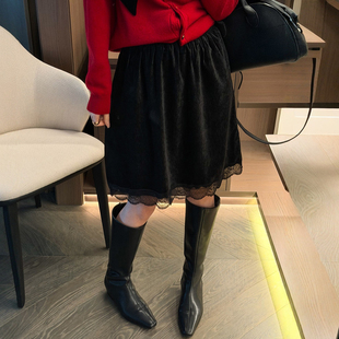 蕾丝拼接金丝绒A字半身裙女欧洲站2025冬装新款欧货女装包臀裙潮