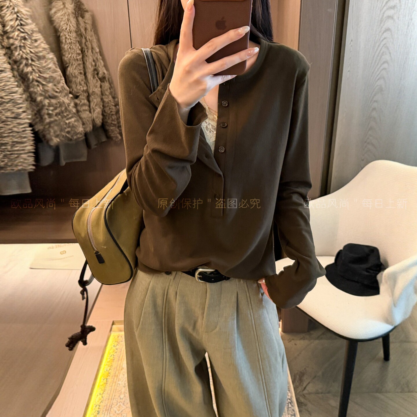 假两件半开领磨毛长袖T恤女欧货