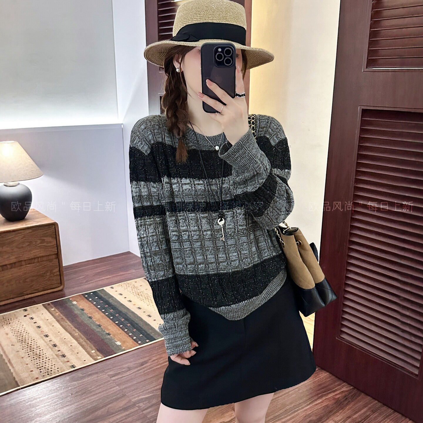 复古杂线条纹羊毛针织衫女欧洲站