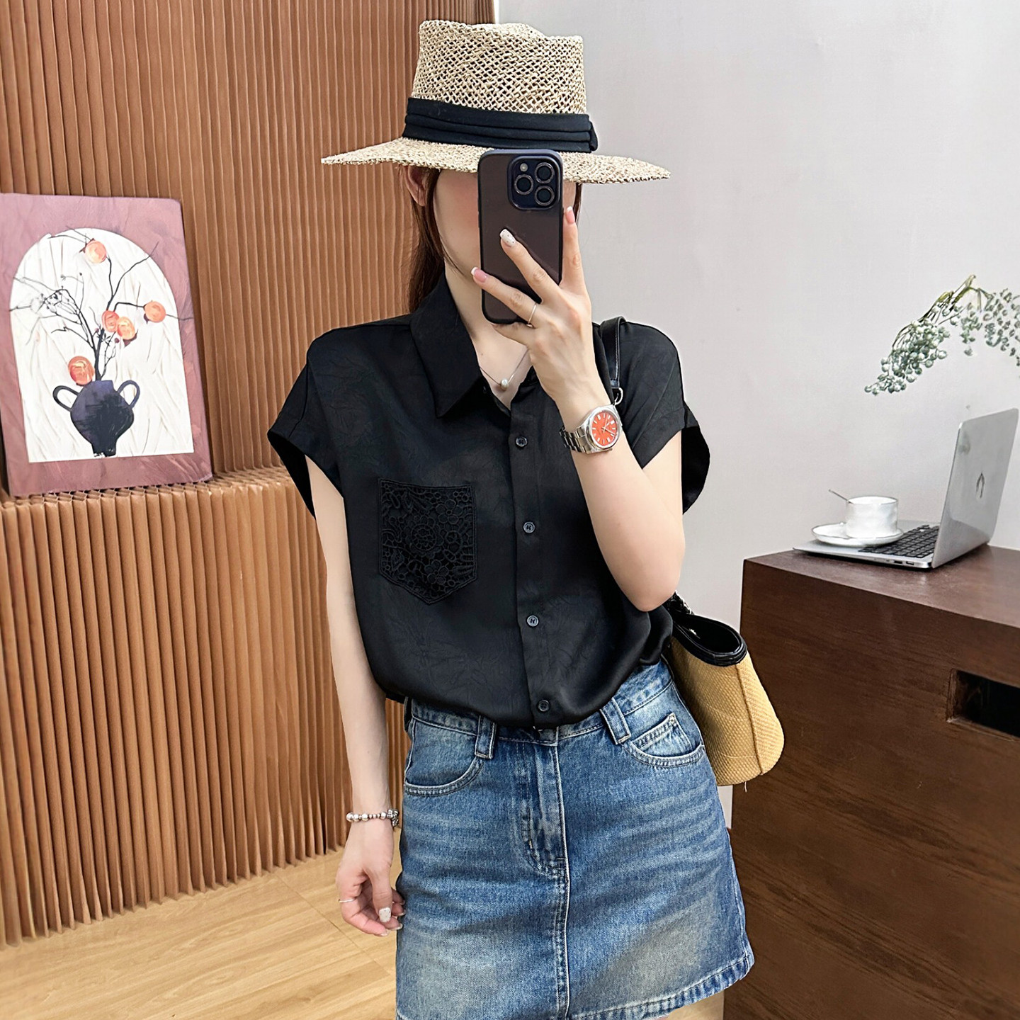 后背镂空小飞袖醋酸衬衫女欧洲站