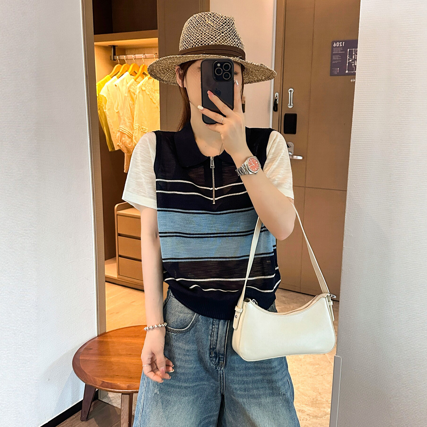 撞色条纹POLO领冰丝针织衫女欧货