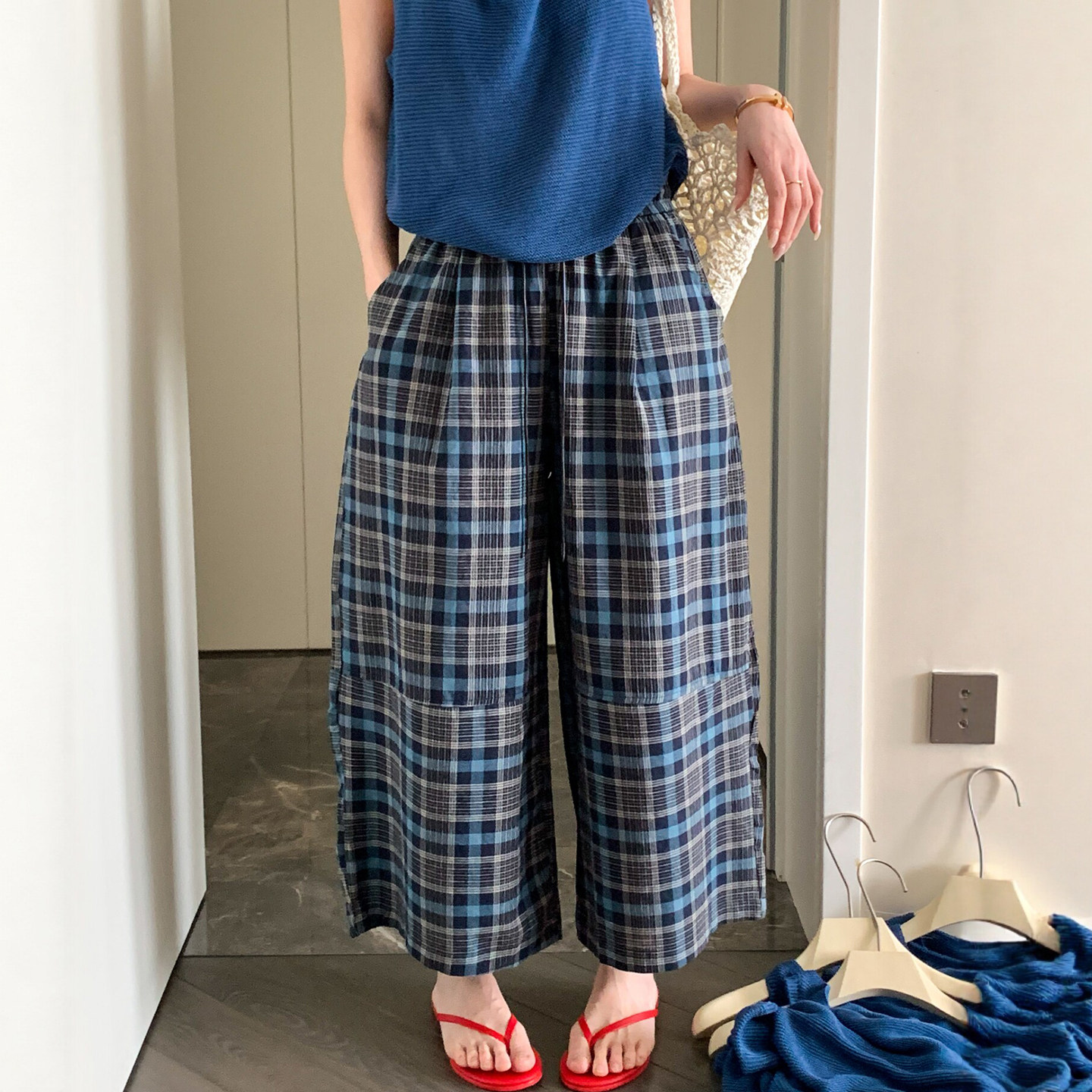 撞色格子九分阔腿裤女欧洲站裤子