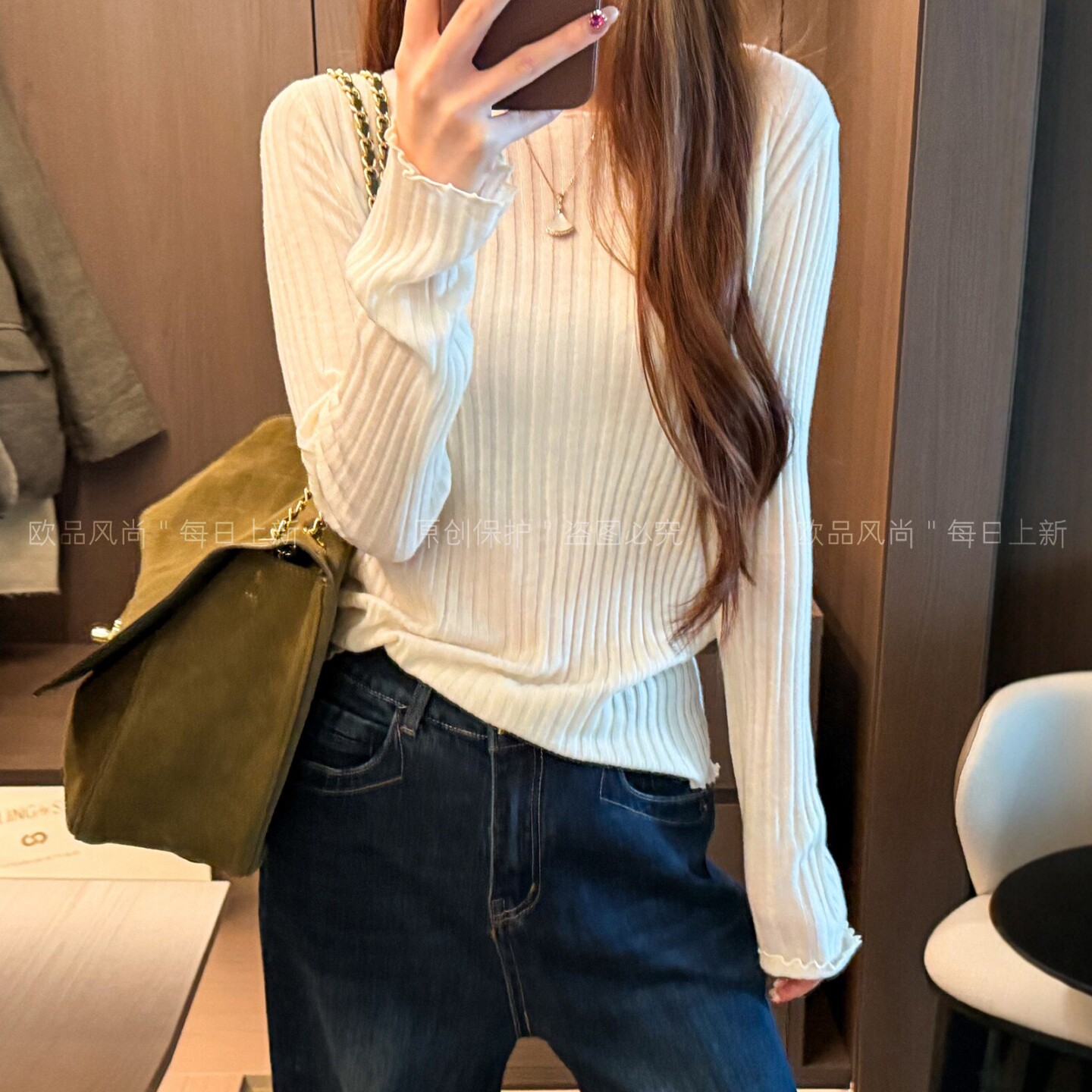 木耳边坑条绵羊毛针织衫女欧洲站