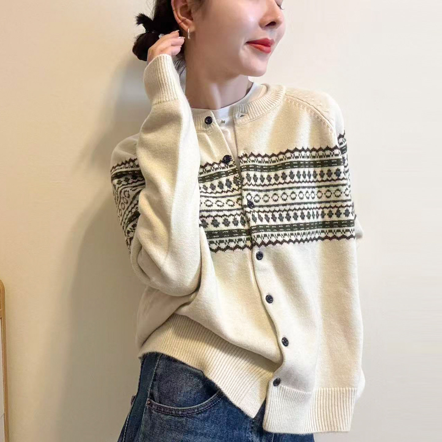 复古提花羊毛针织开衫女欧货毛衣