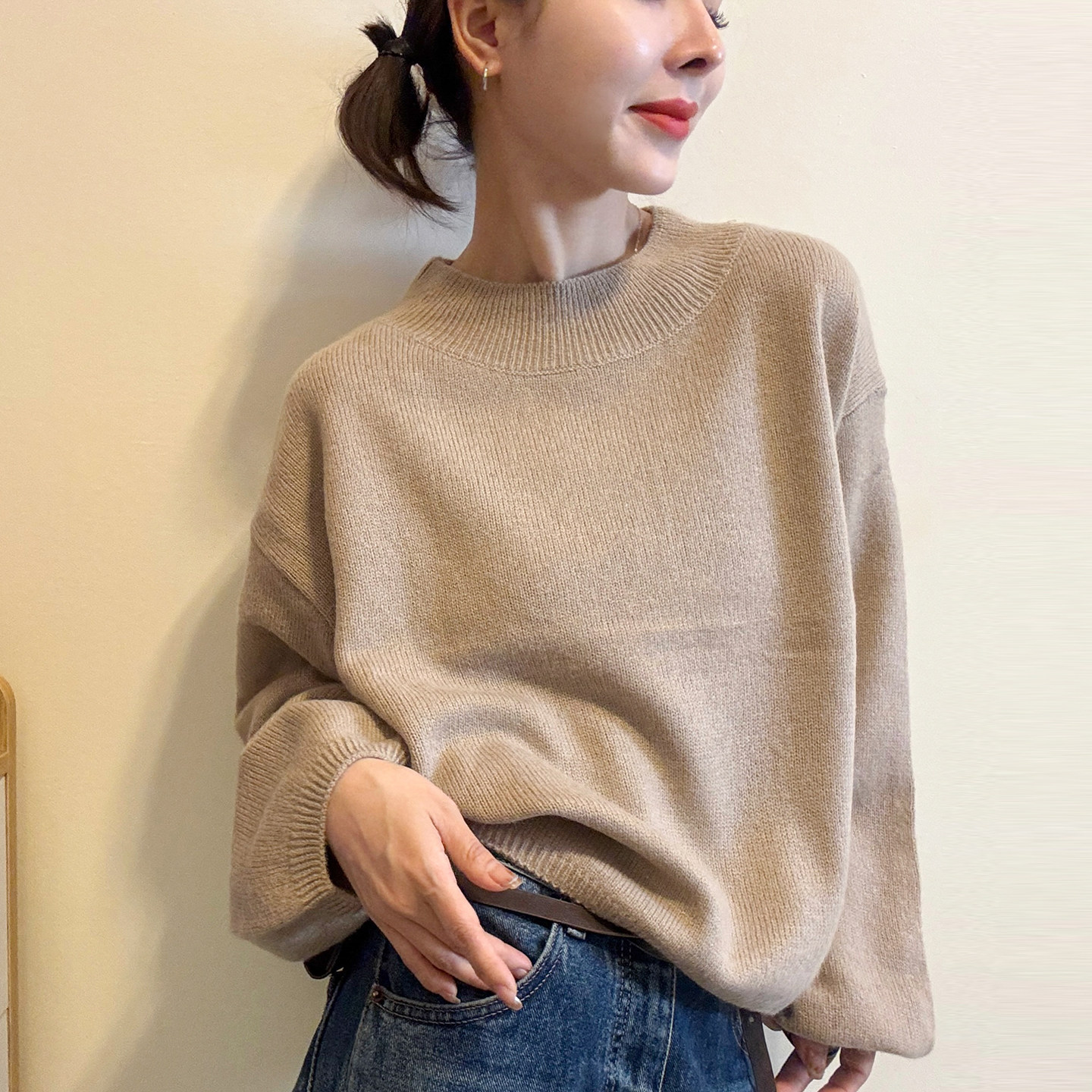 小半高领灯笼袖羊毛针织衫女欧货