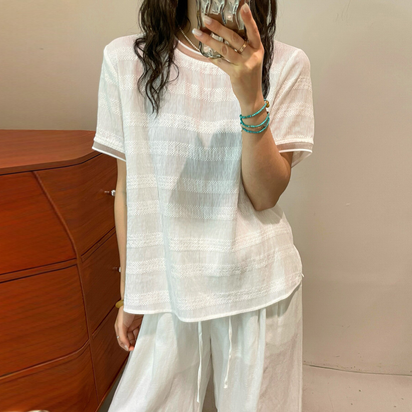 镂空钩花条纹短袖T恤女欧货上衣