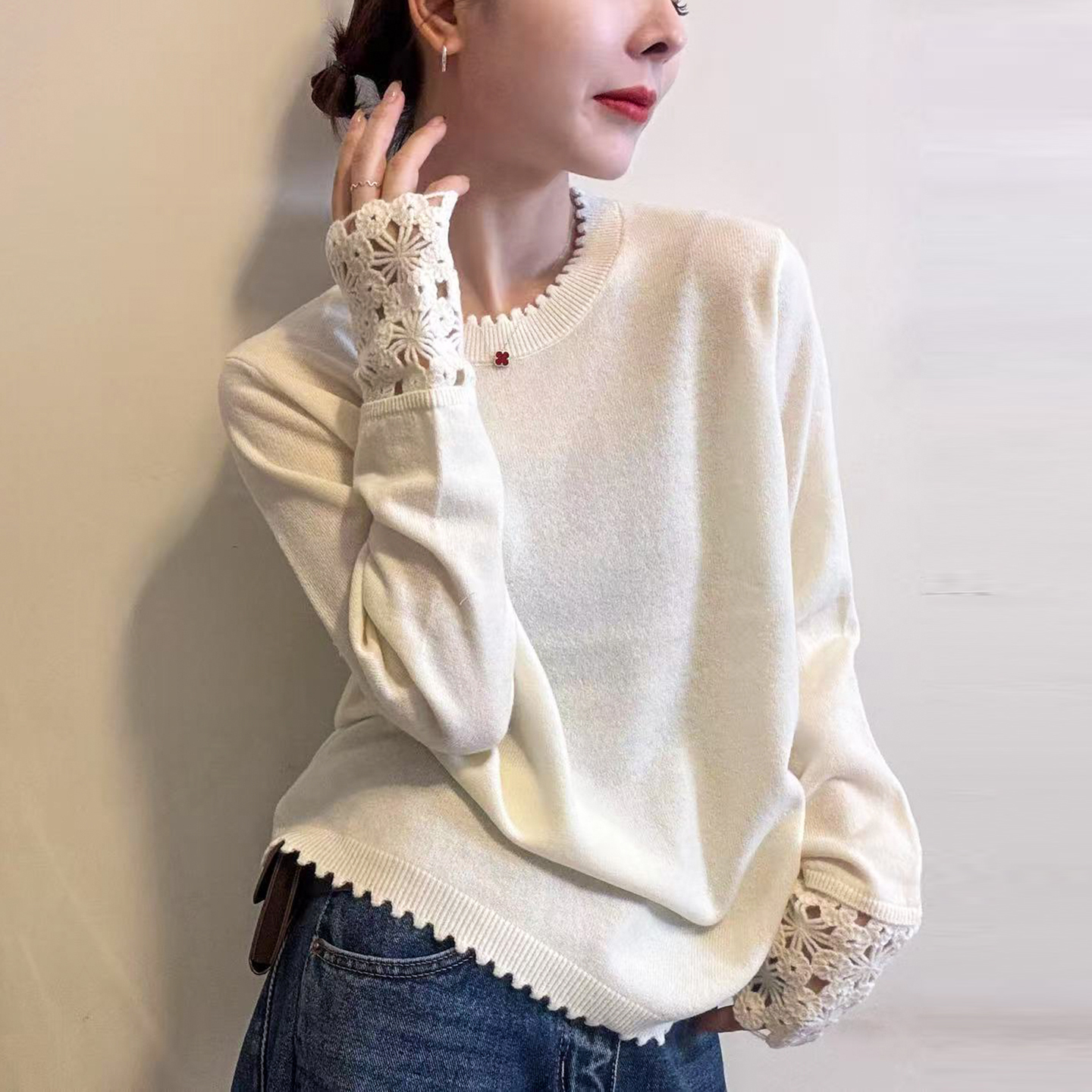 镂空钩花羊毛针织衫女欧洲站小衫