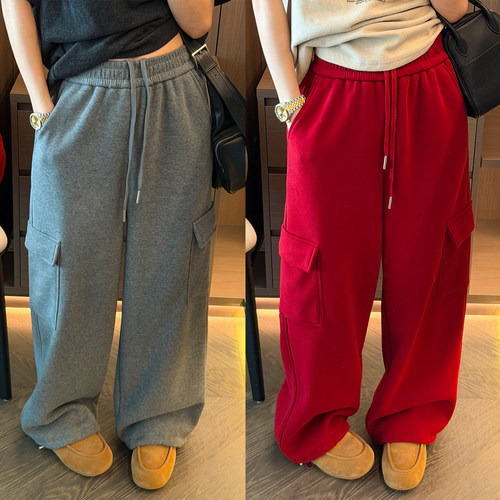 双口袋工装加绒阔腿卫裤女欧洲站