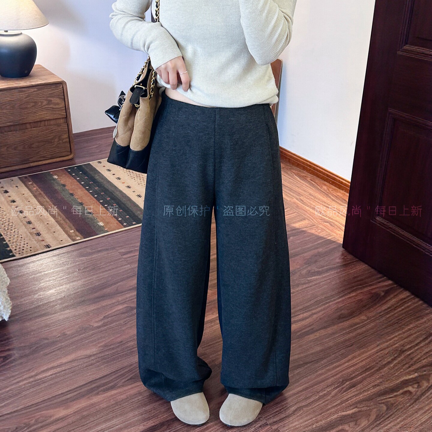 羊毛呢抽绳拖地阔腿裤女欧货裤子