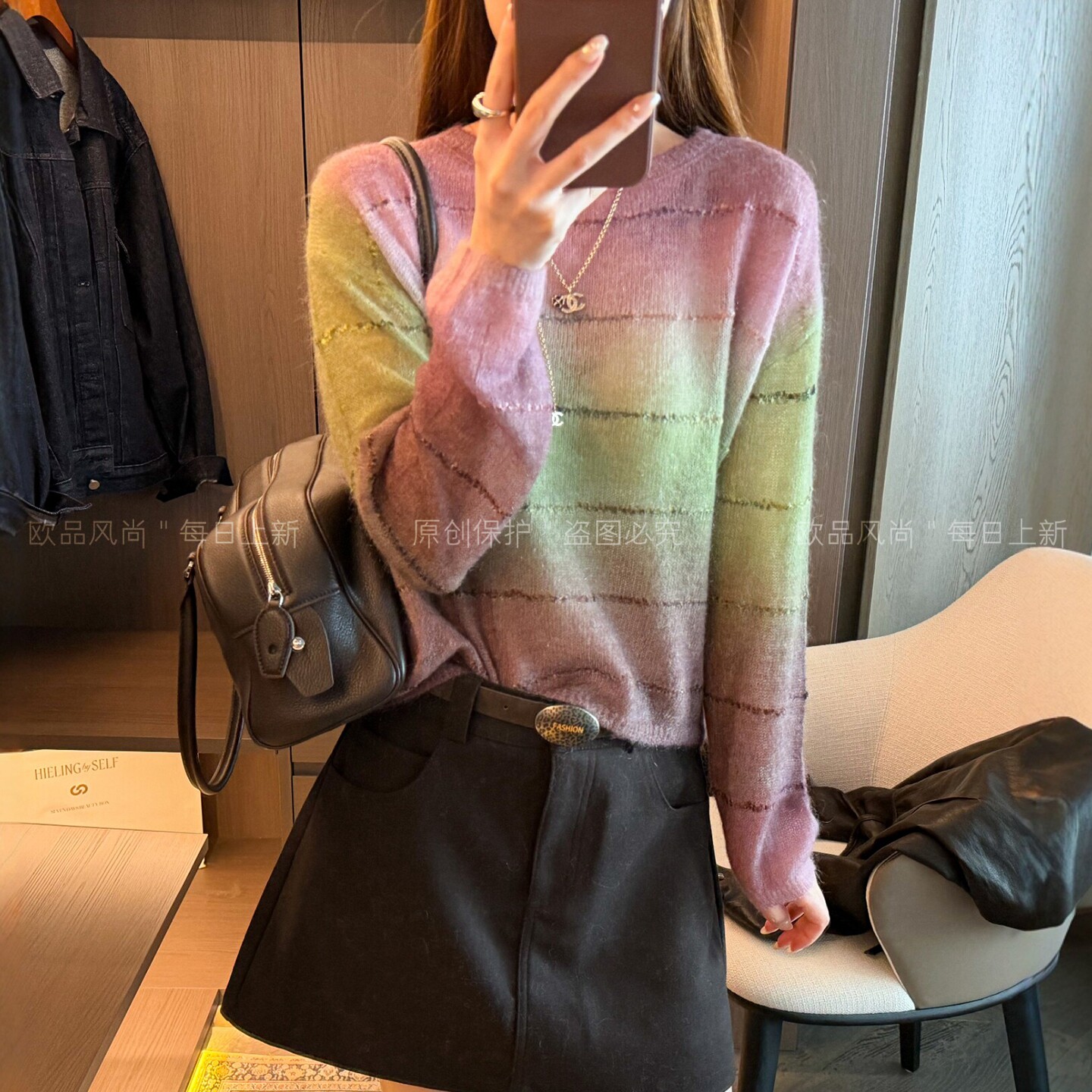 渐变色条纹绵羊毛针织衫女欧洲站