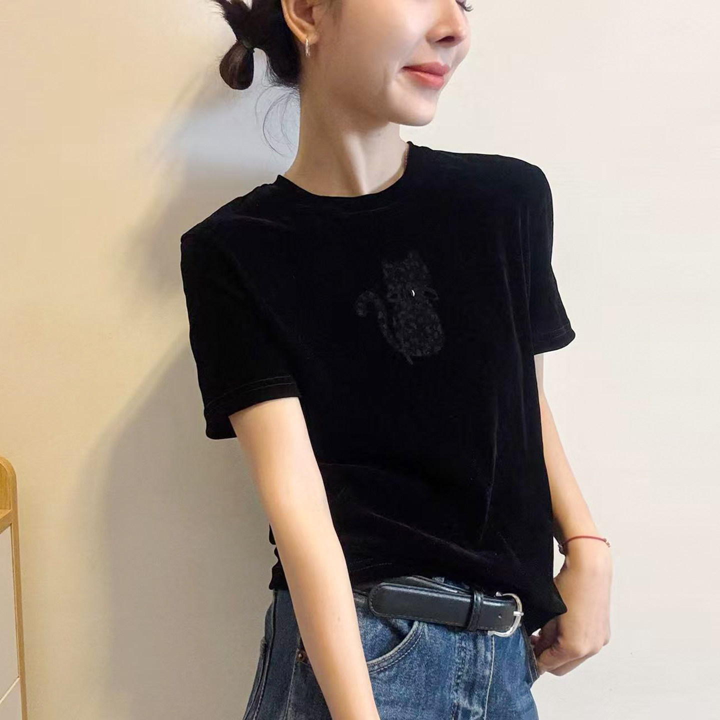 小猫印花金丝绒短袖T恤女欧洲站