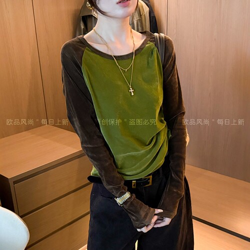 插肩袖金丝绒长袖T恤女欧洲站潮