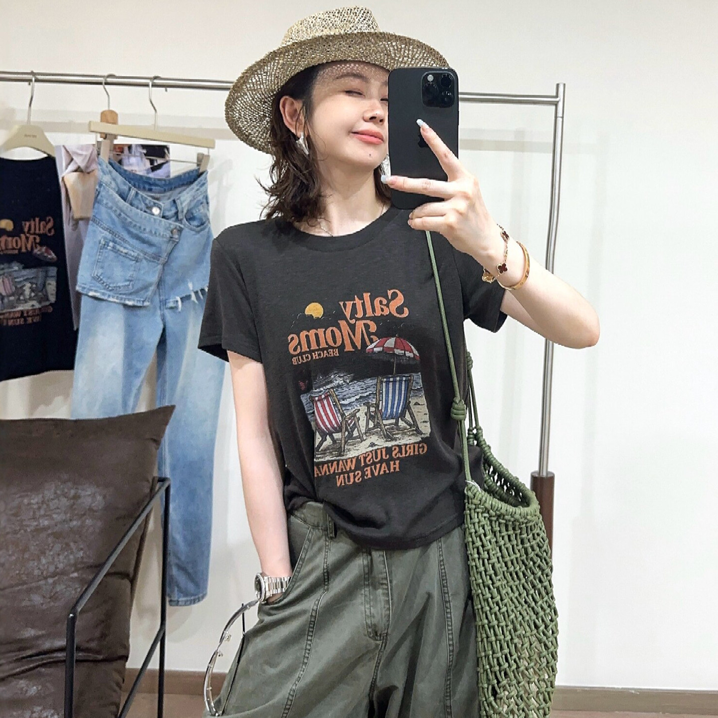 沙滩印花小版短袖T恤女欧货上衣