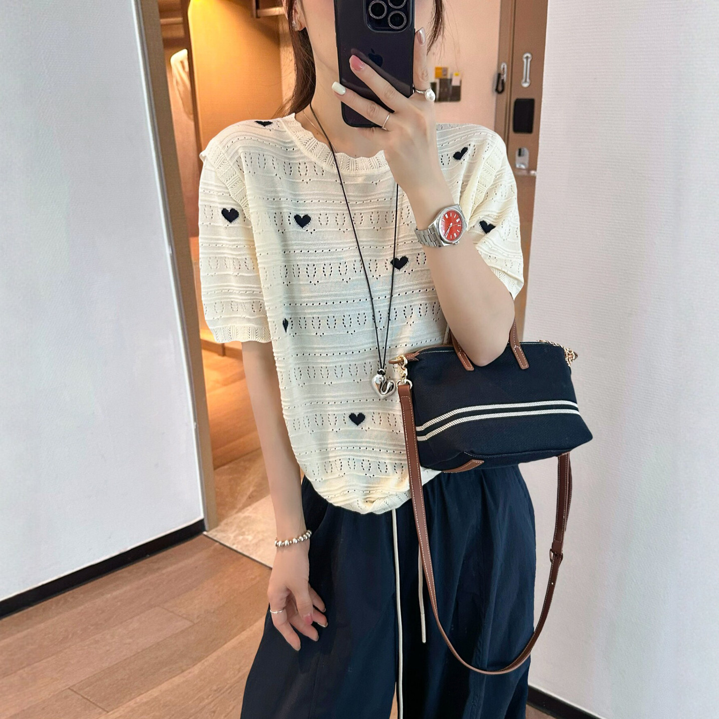 爱心刺绣冰蚕丝针织衫女欧洲站2026夏季新款欧货女装短袖娃娃衫潮