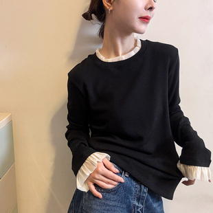 蕾丝拼接喇叭袖磨毛T恤女欧洲站2025冬装新款欧货女装打底小衫潮