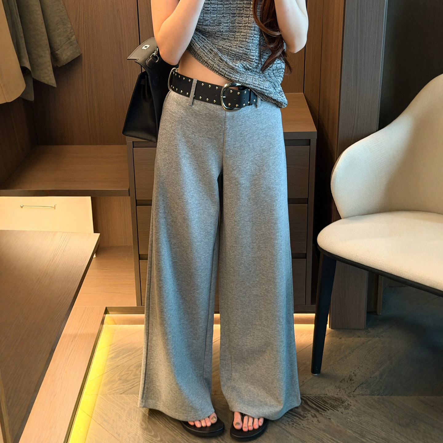 配腰带拖地直筒阔腿裤女欧货裤子