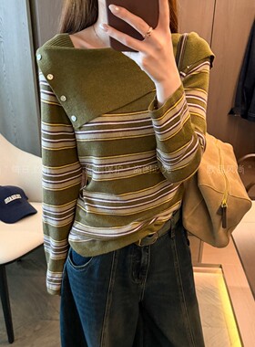 一字领翻边条纹羊毛针织衫女欧货