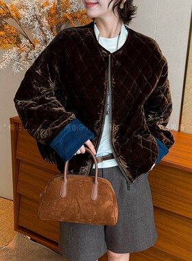 老钱风金丝绒压格棒球服外套上衣
