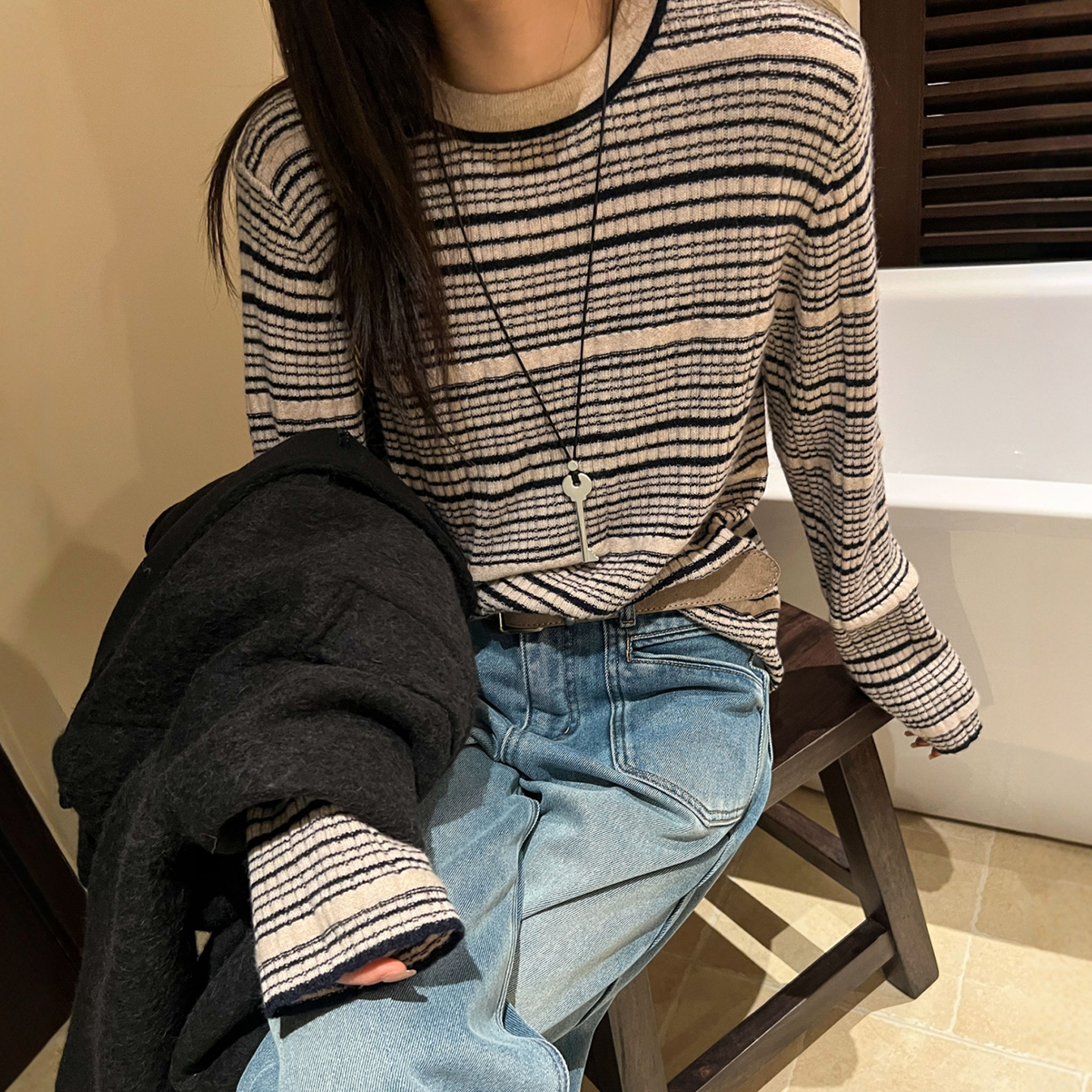 撞色条纹羊毛针织衫女欧洲站上衣