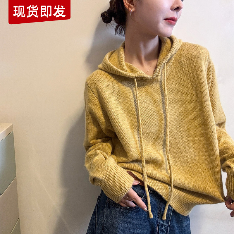 抽绳连帽山羊绒针织衫女欧货打底