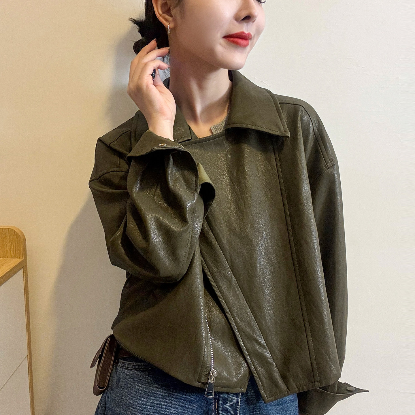 复古翻领蛋白皮PU皮衣外套女欧货