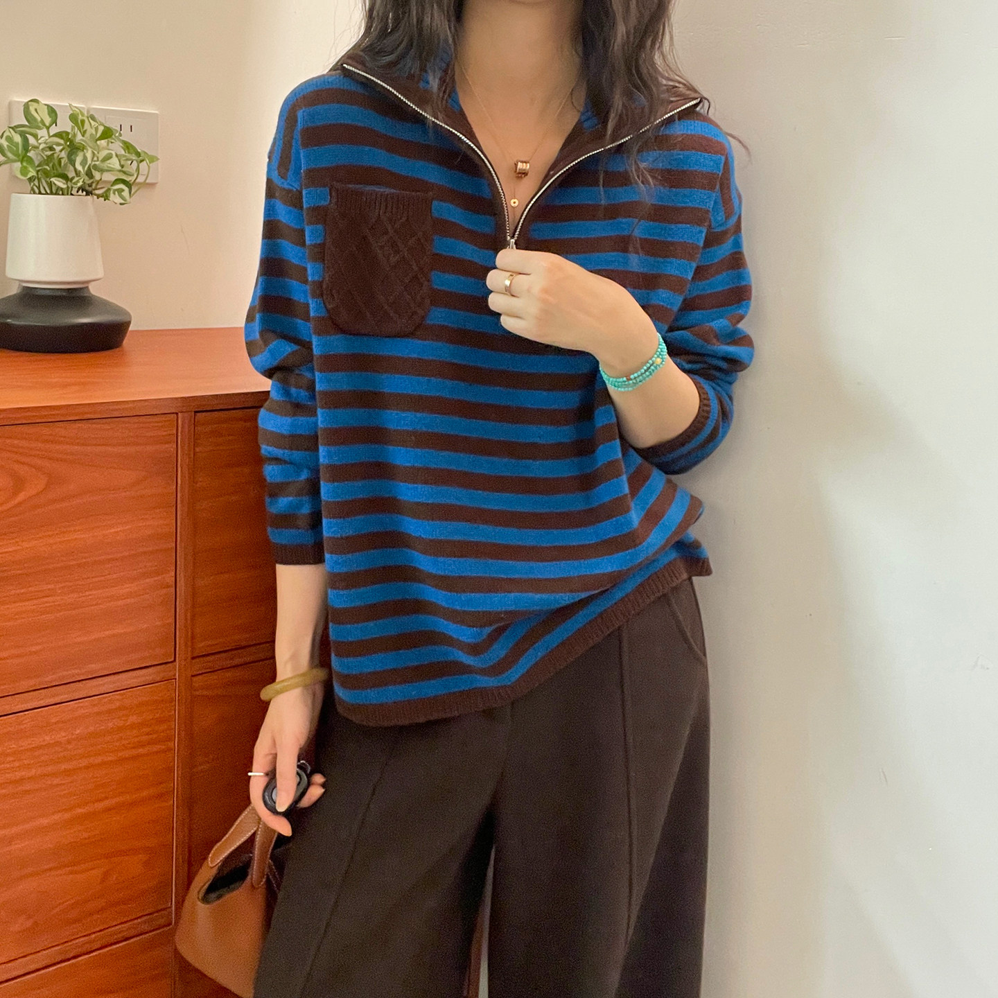 撞色条纹高领全羊毛针织衫女欧货