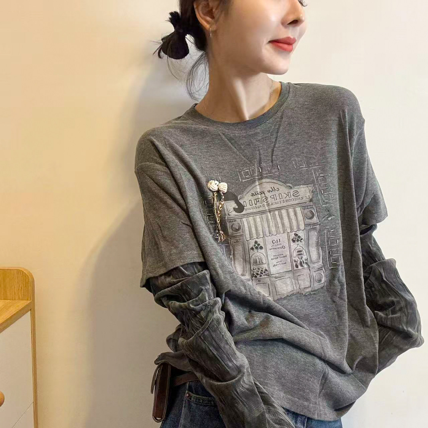 假两件做旧印花长袖T恤女欧洲站