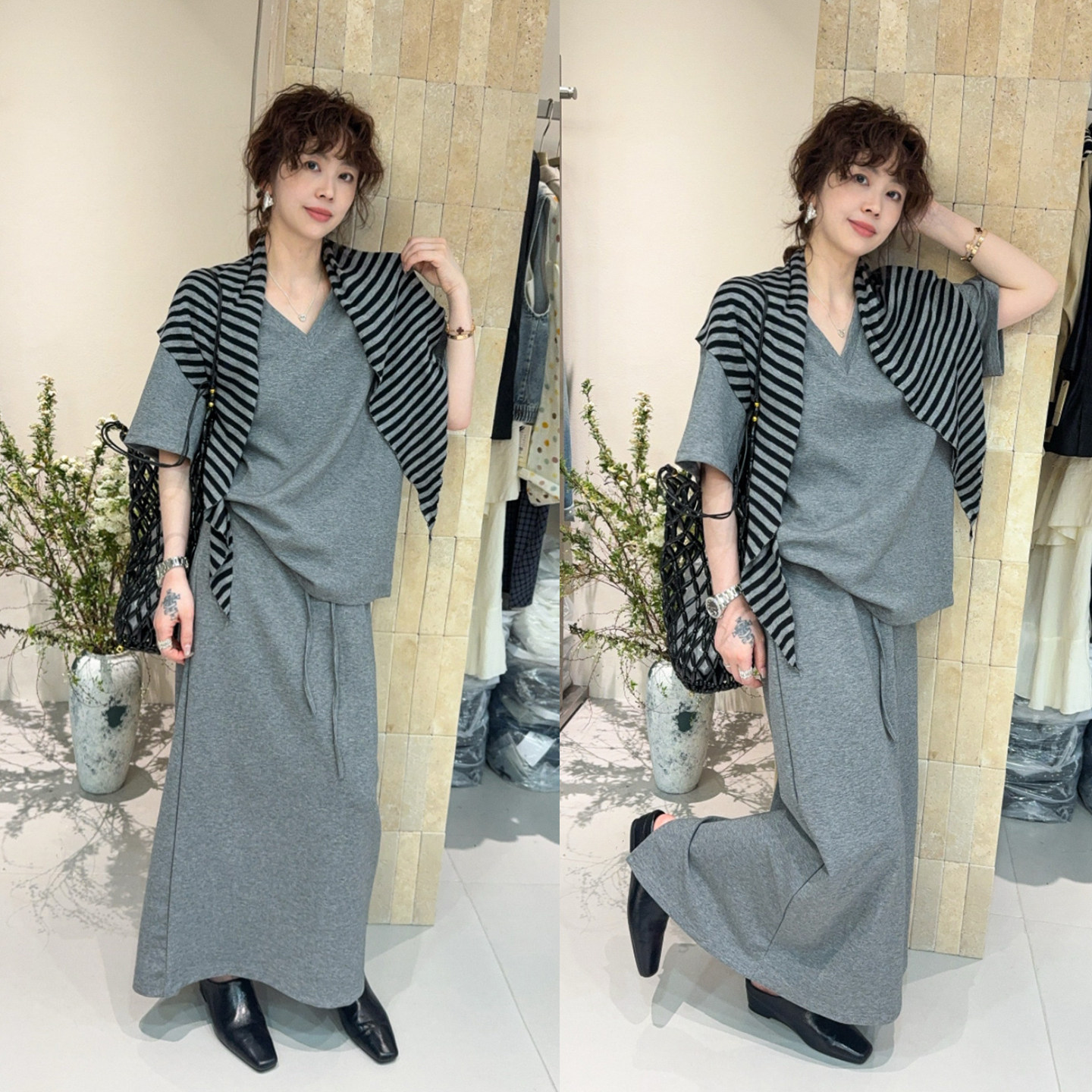 配条纹披肩短袖T恤半身裙两件套套装女欧洲站2026春装新款欧货潮