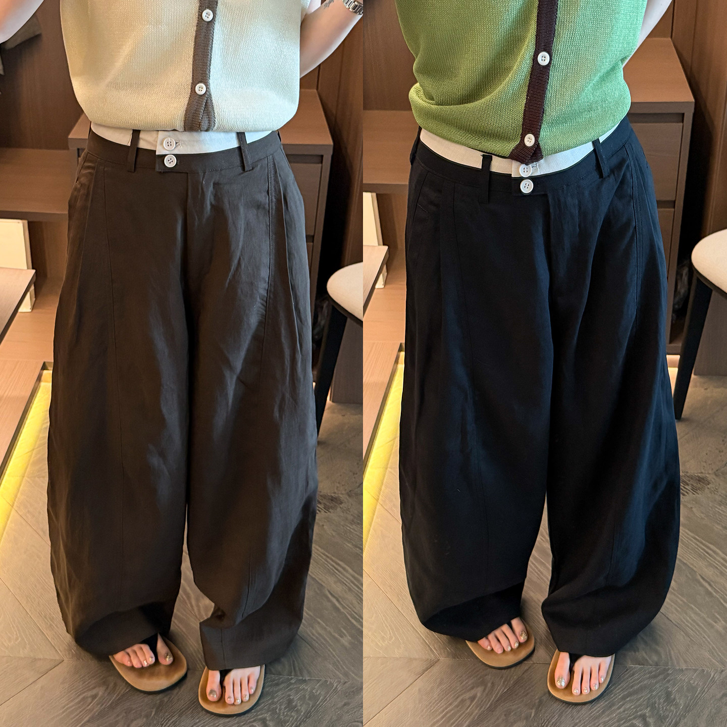 撞色裤腰莱赛尔亚麻阔腿裤欧洲站