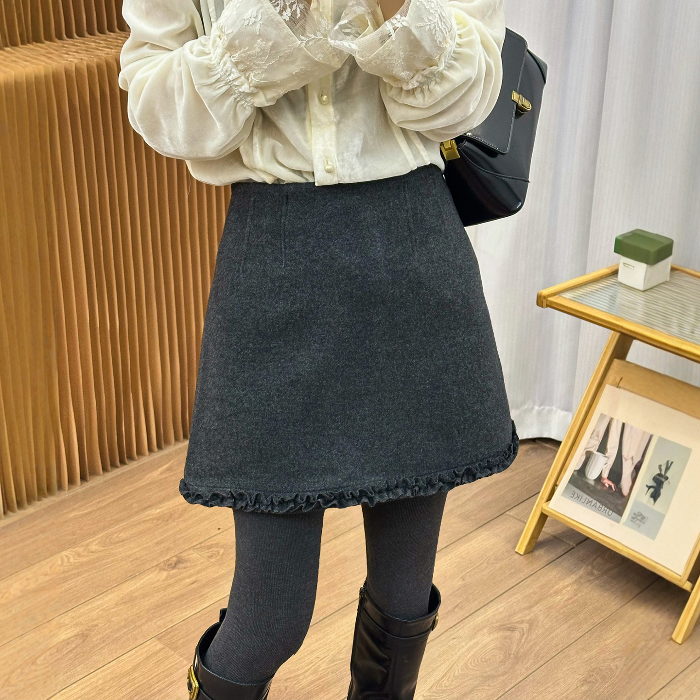 木耳边羊毛呢A字半身裙女欧洲站