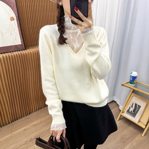 假两件蕾丝高领羊绒针织衫女欧货