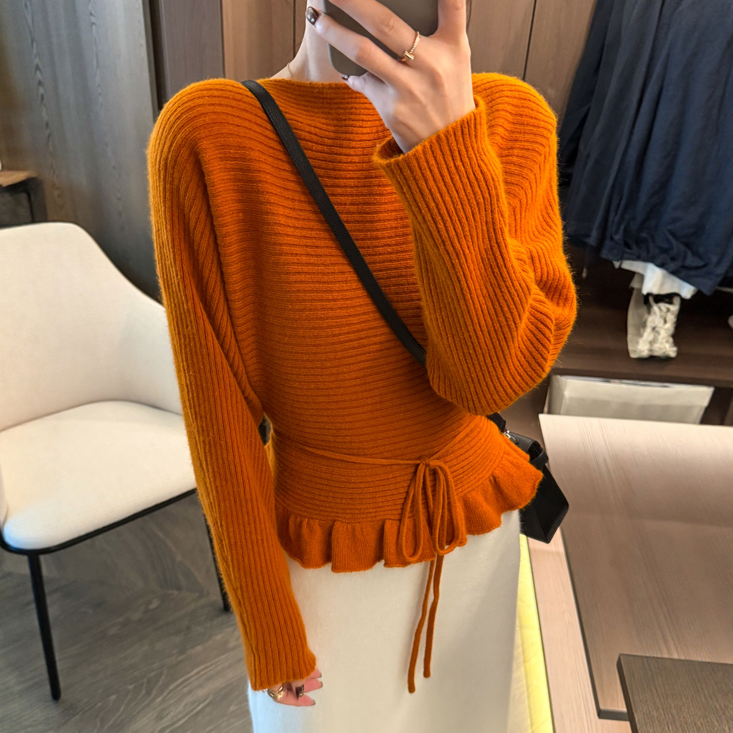 荷叶边系带浣熊绒针织衫女欧洲站