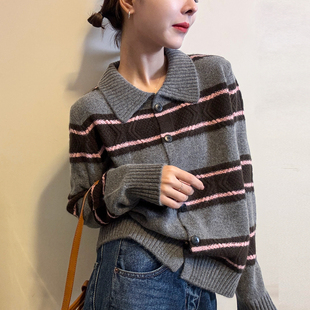 欧货女装 新款 短外套潮 女欧洲站2025冬装 撞色条纹翻领羊绒针织开衫