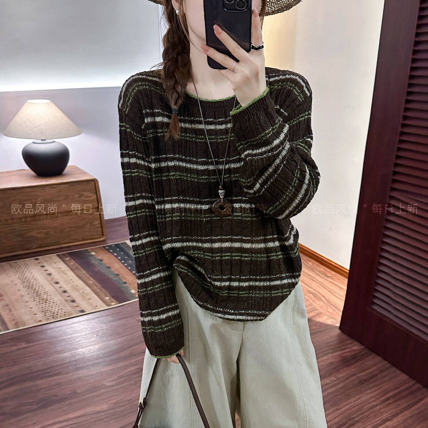 条纹莱赛尔绵羊毛针织衫女欧洲站