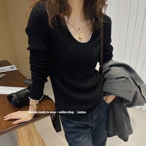 重工钉珠U领羊毛针织衫女欧洲站秋装2023新款欧货女装打底小衫潮