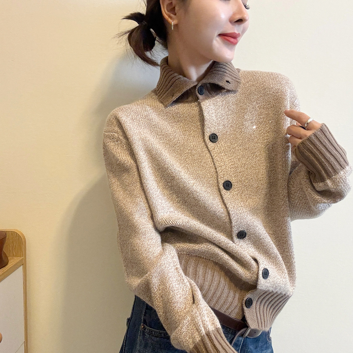 撞色翻领杂线羊毛针织开衫女欧货