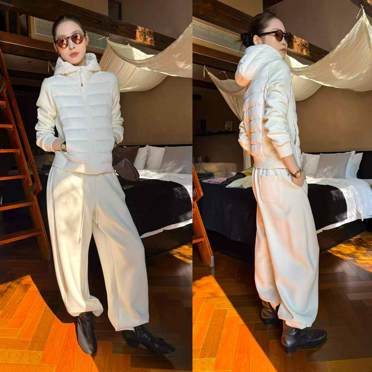 复古连帽羽绒服外套阔腿裤两件套装女欧洲站2026秋季新款欧货女装