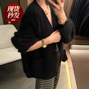 欧货女装 浣熊绒V领长袖 新款 女欧洲站2025冬装 毛衣外套潮 针织开衫