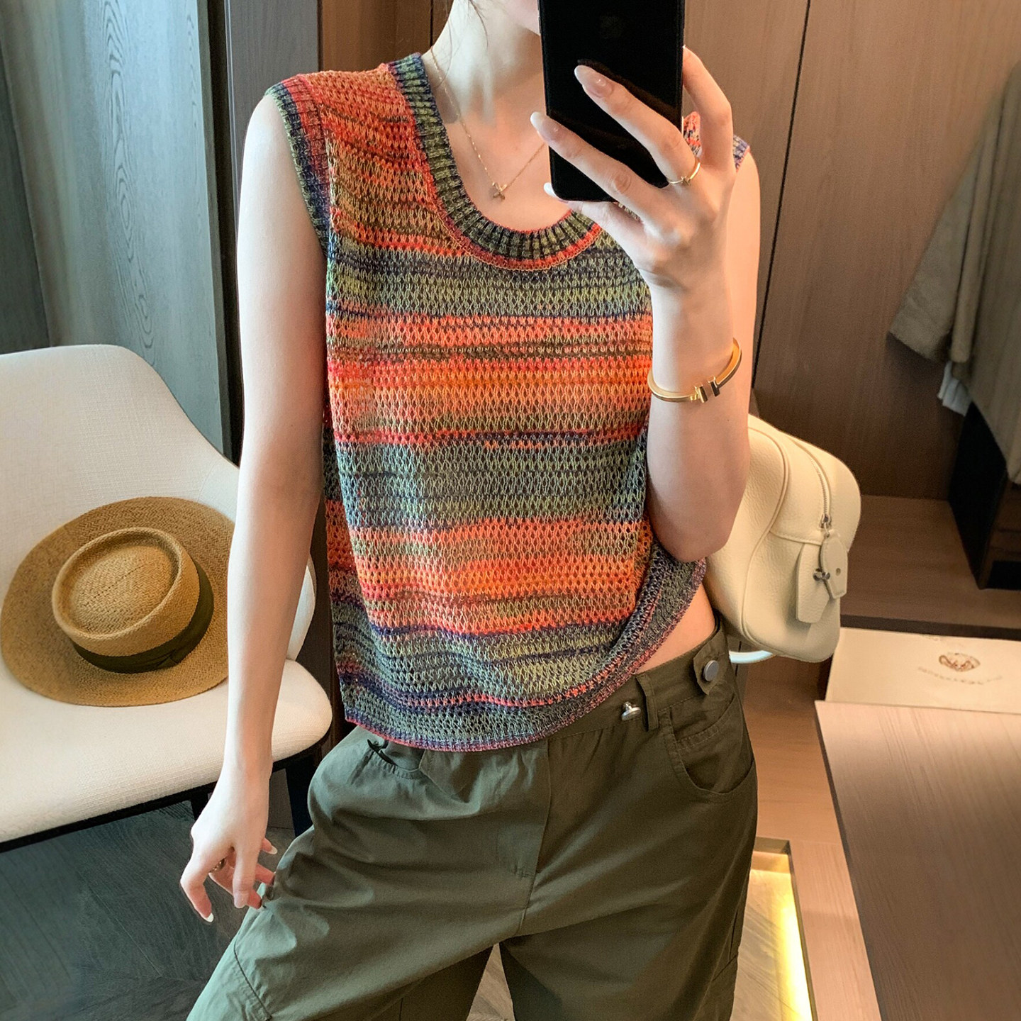 渐变色条纹冰丝针织衫女欧货打底