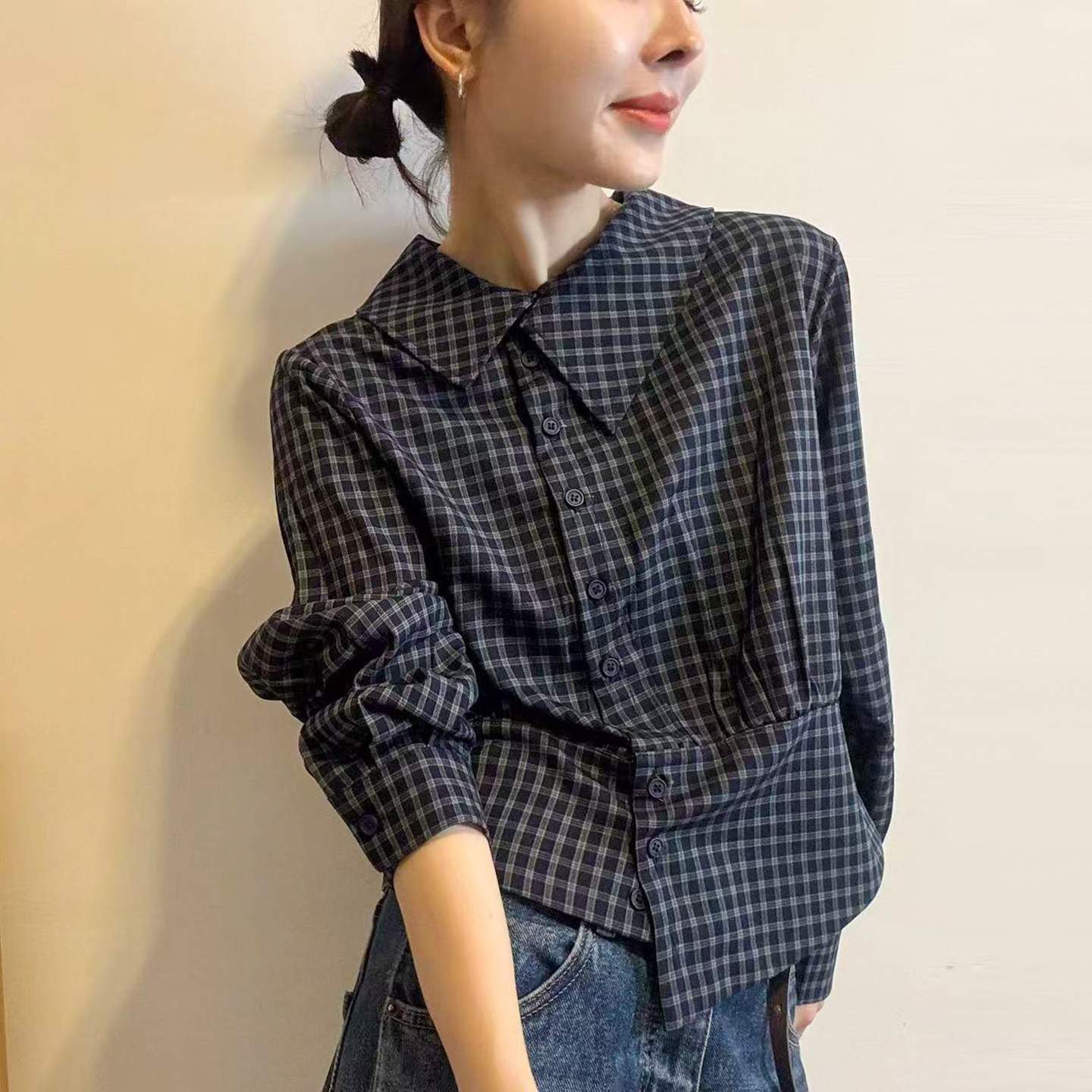 斜扣翻领格子休闲衬衫女欧洲站潮