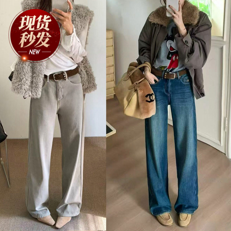 蜜蜂刺绣加绒窄版牛仔裤女欧洲站2025冬装新款欧货女装直筒裤子潮