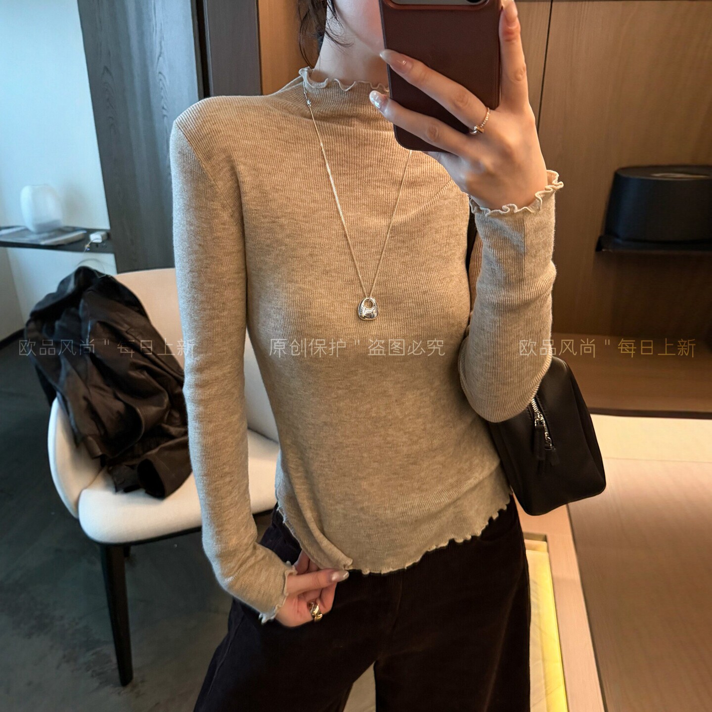 美丽诺羊毛木耳边针织衫女欧洲站